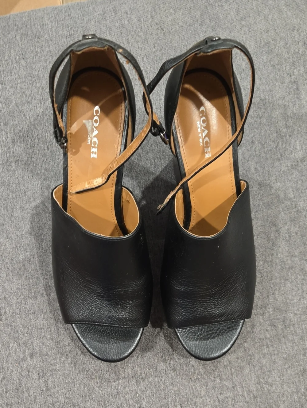 Coach Black Leather Wedge Sandals  **NEVER WORN** ONLY ONE FLAW. PLEASE SEE PICS